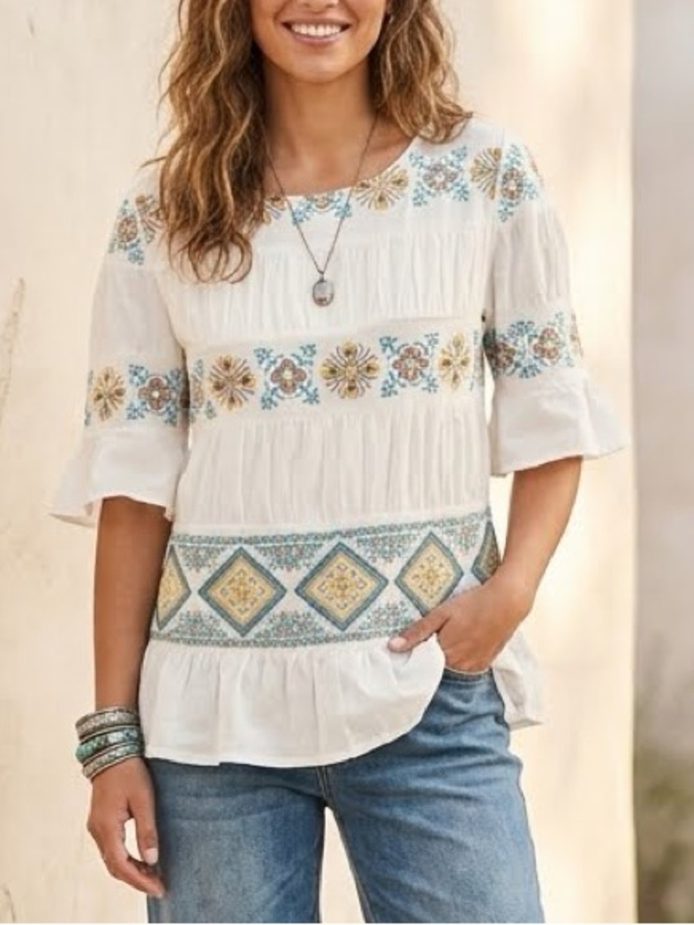 Sundance Cassandra Top Boho Southwestern 100%Cotton Floral Peasant Blouse XS - Picture 2 of 8